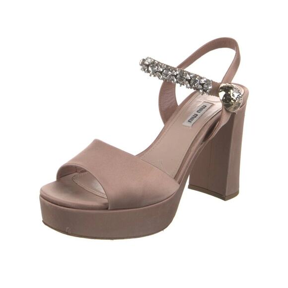 Miu Miu Nude Calzature Donna Satin Crystal Ankle Strap Platform Block Heels 10.5 - Picture 1 of 16